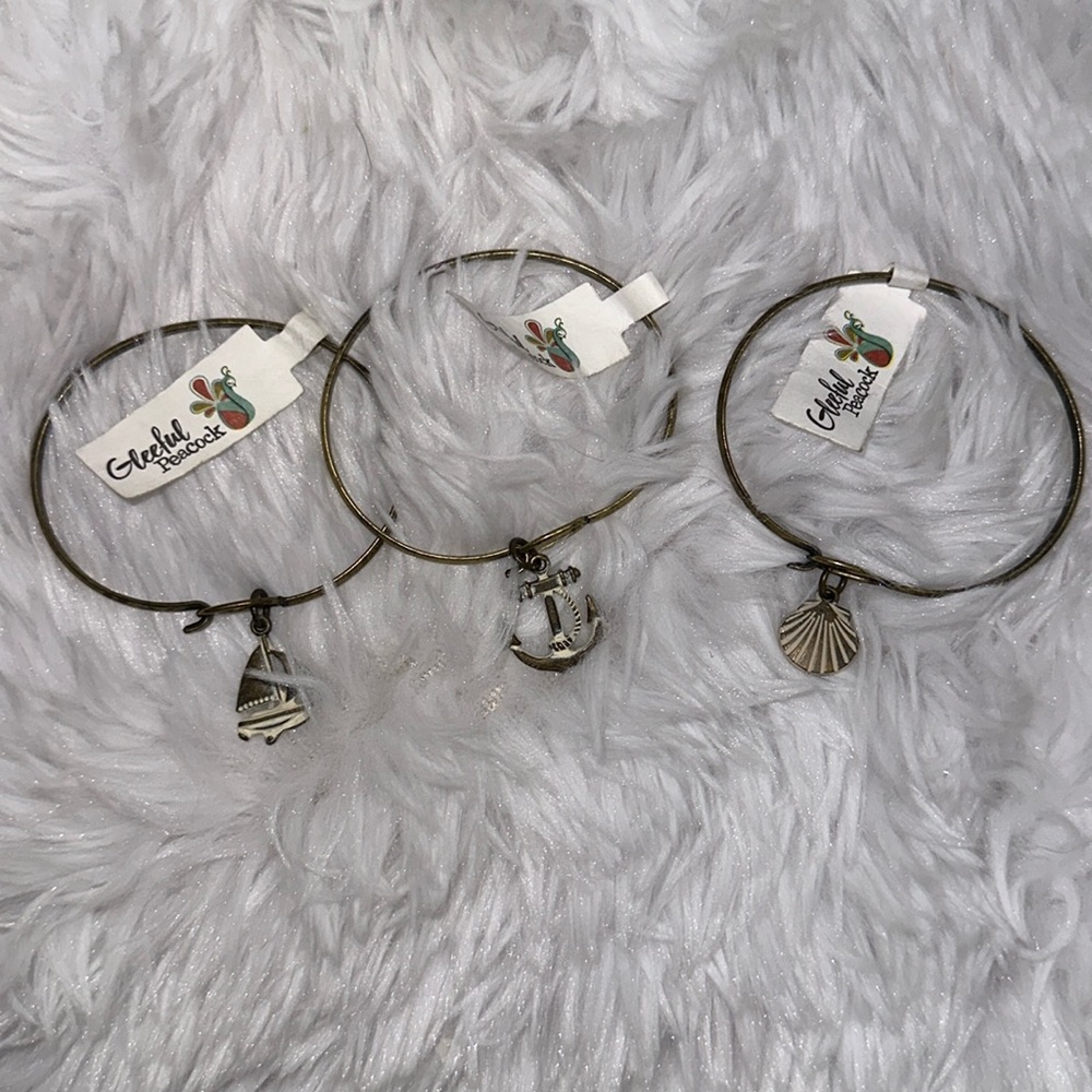 Hand Painted Nautical Charm Bracelet Lot Anchor Sailboat Shell Antique Look